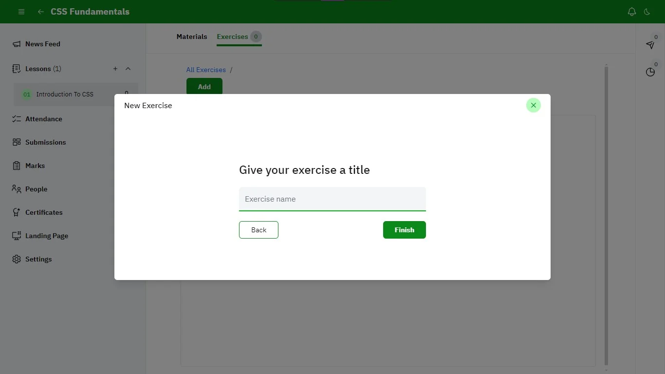 A pop-up displaying new exercise with an empty field